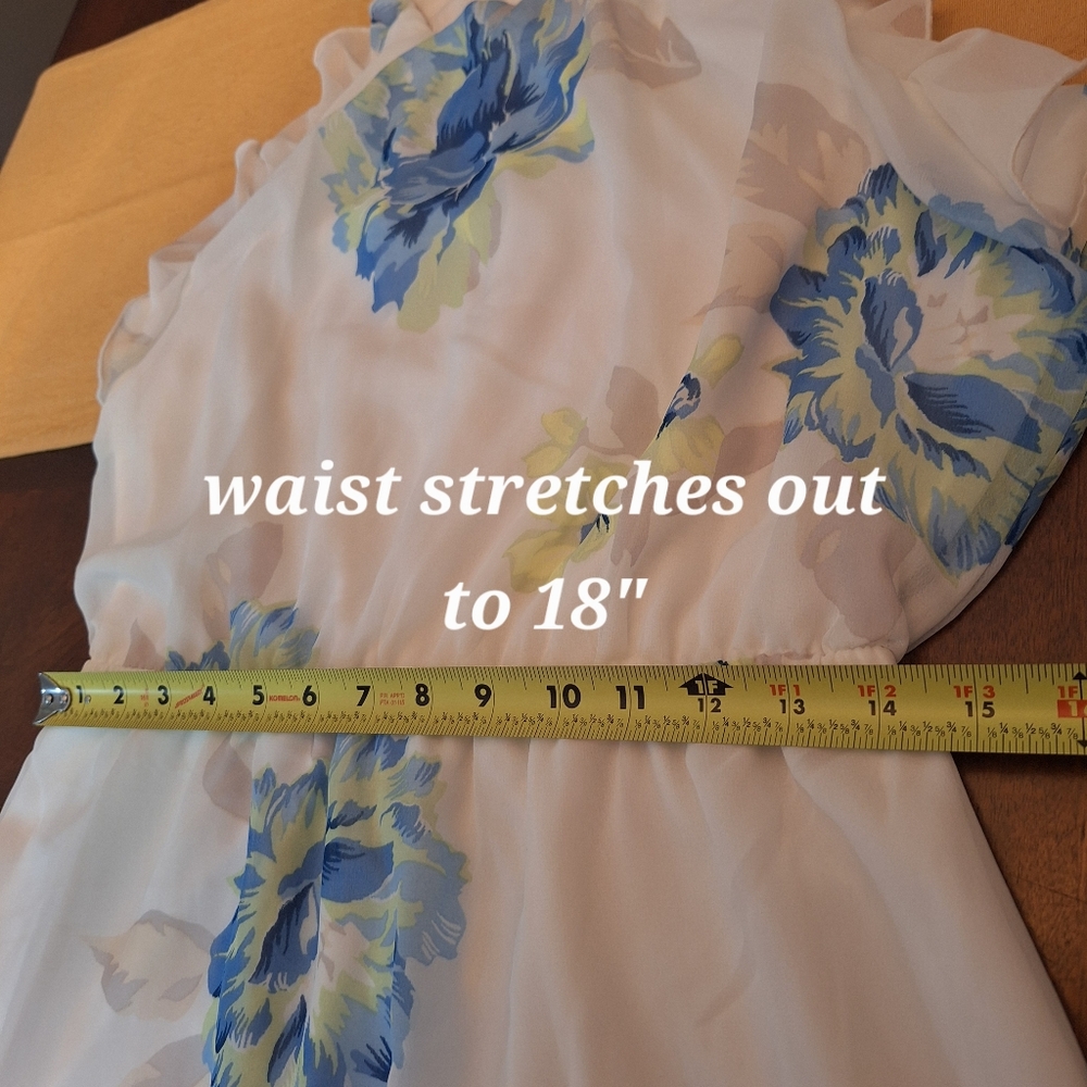 Old Navy White Dress with Blue and Green Floral Pattern Ruffles Mesh Maxi M - Picture 15 of 16